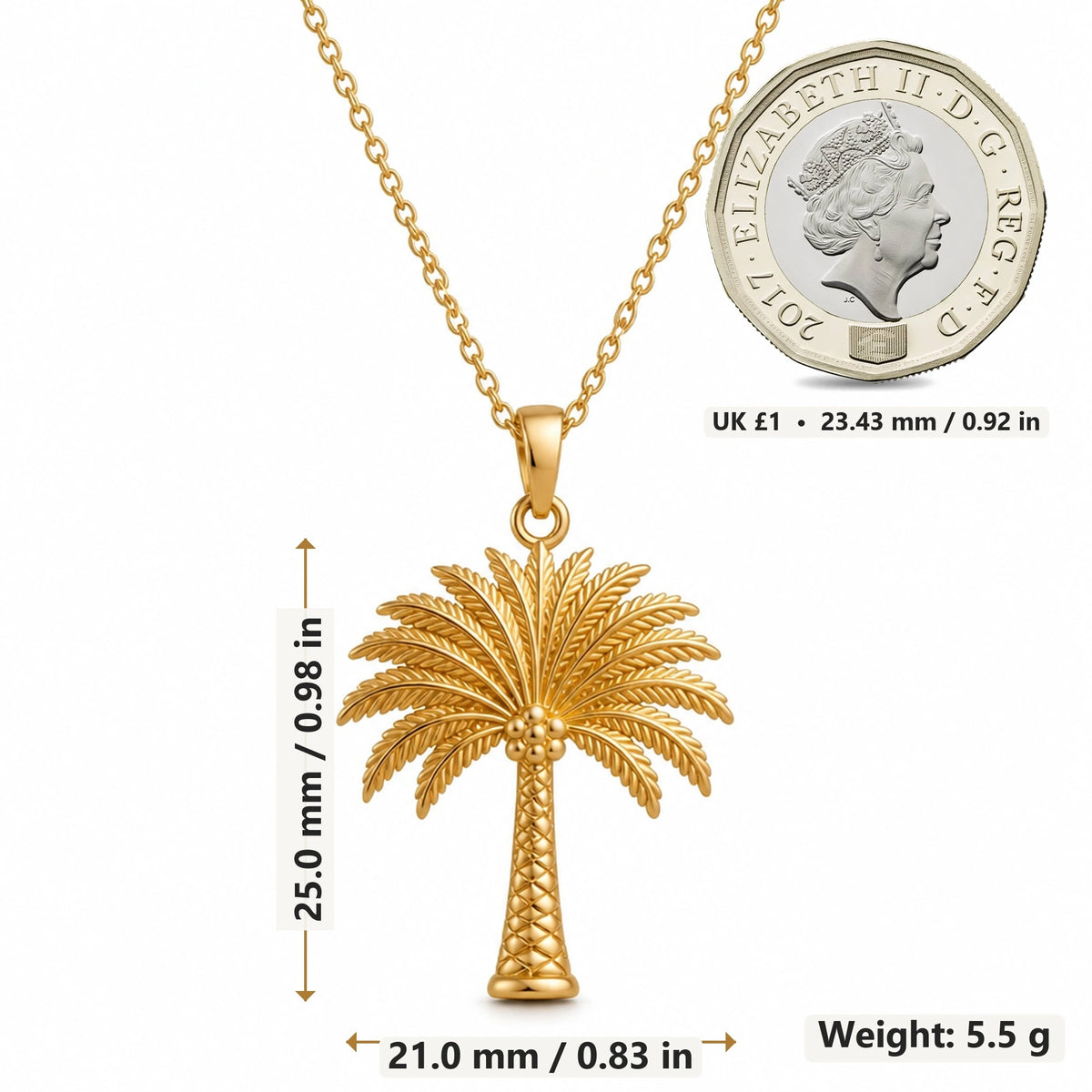 Palm Crown Tree pendant necklace size image showing 25.0 mm height, 21.0 mm width and 5.5 g weight
