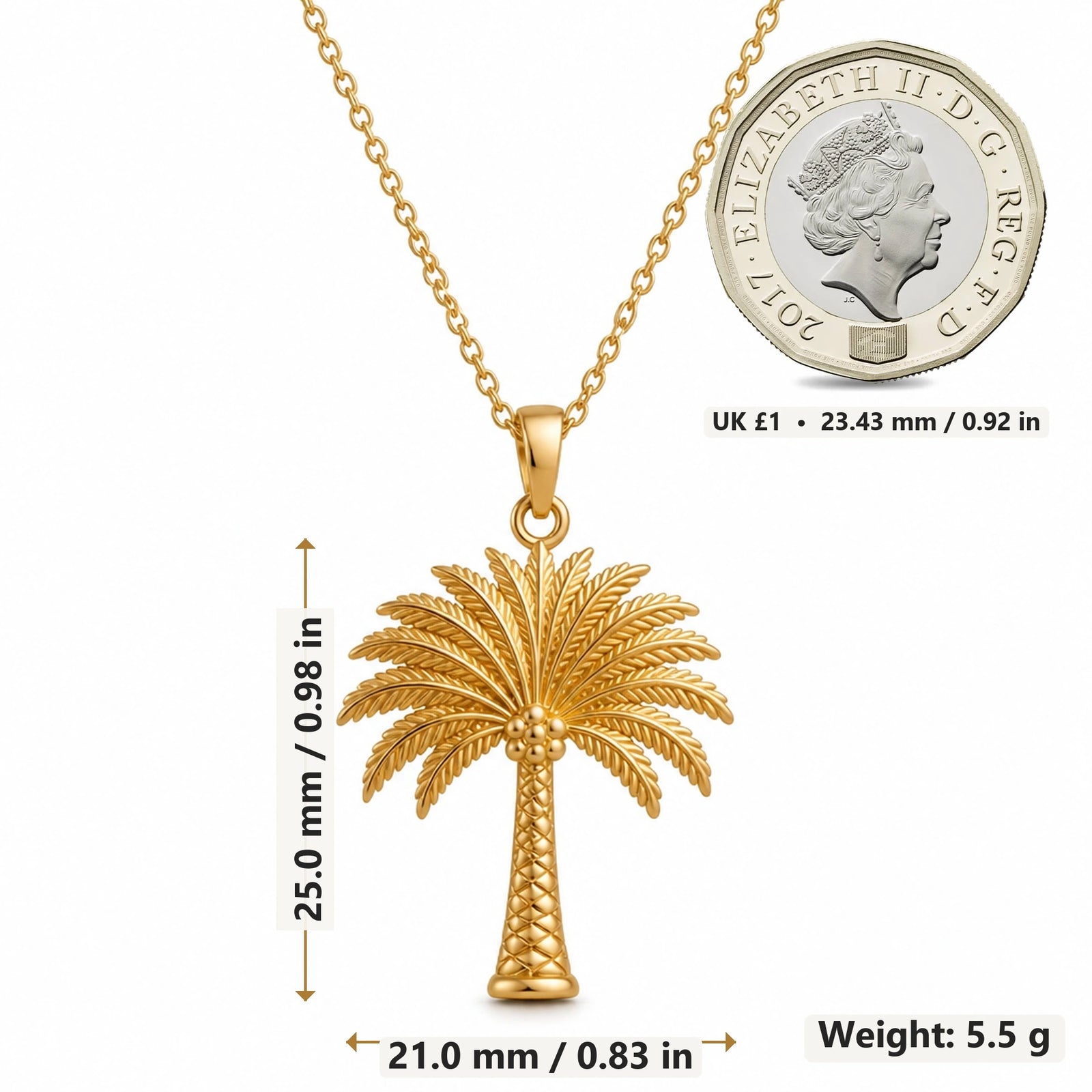 Palm Crown Tree pendant necklace size image showing 25.0 mm height, 21.0 mm width and 5.5 g weight