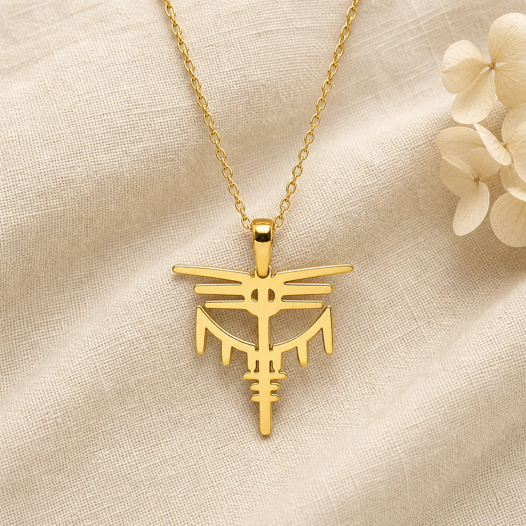 Valkyrie Dragon Sigil pendant necklace in a warm gold finish on cream fabric