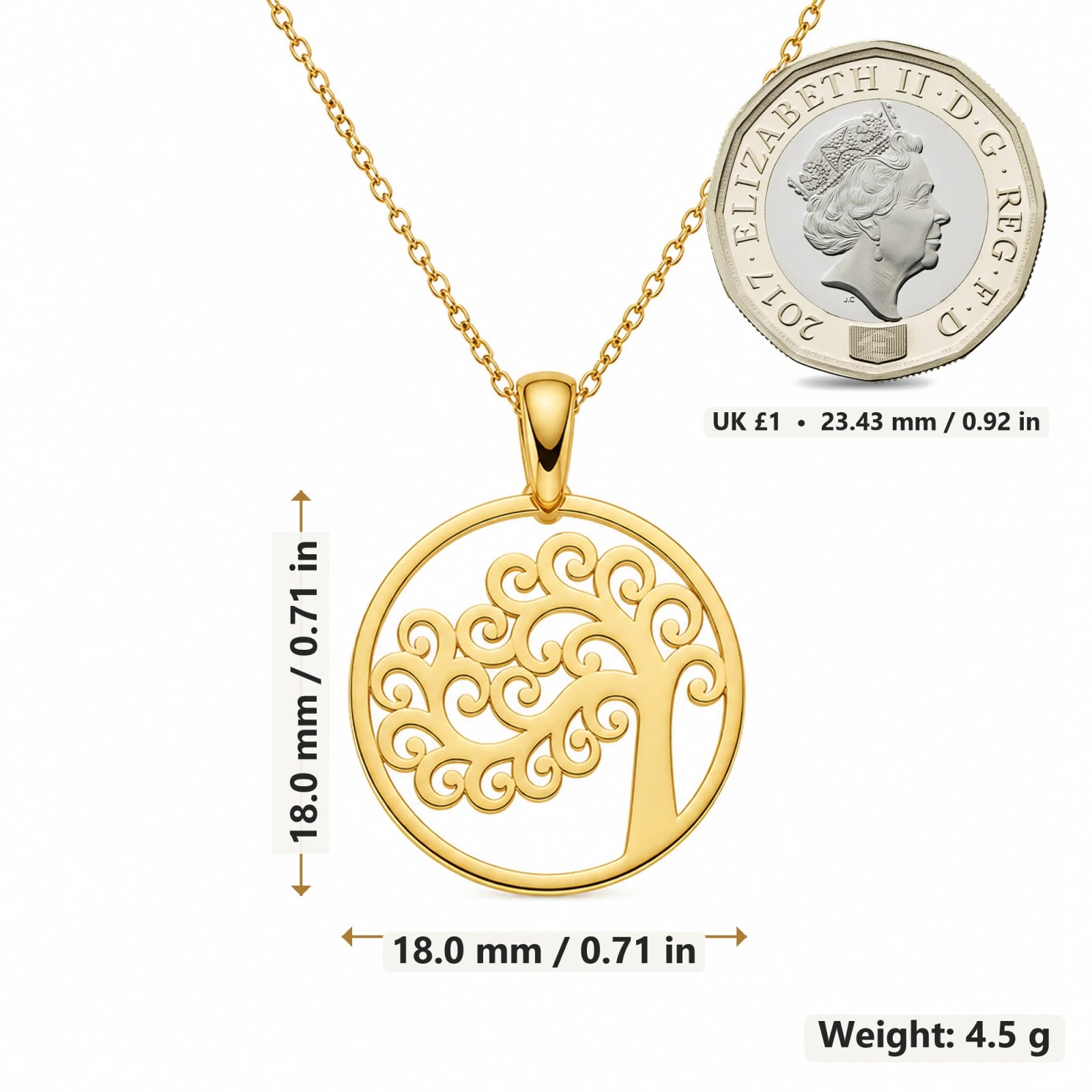 Tree of Life Circle pendant necklace size image showing 18 mm height and 18 mm width and 4.5 g weight