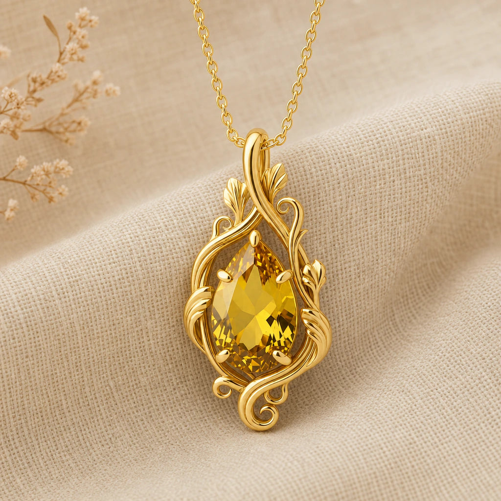 Curling Leaf Teardrop Birthstone Pendant Necklace in 18k gold plated sterling silver
