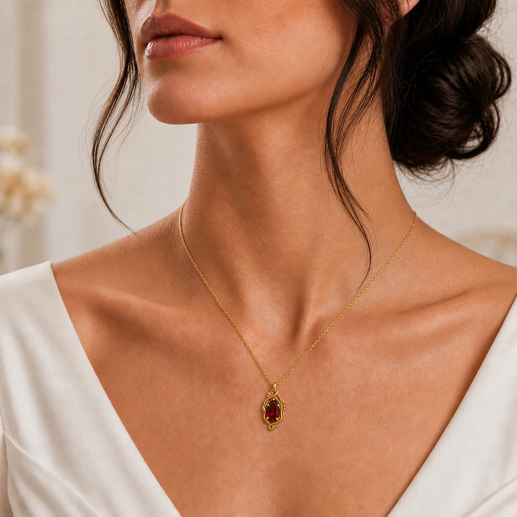 Tendril Teardrop Birthstone Pendant Necklace worn, second view