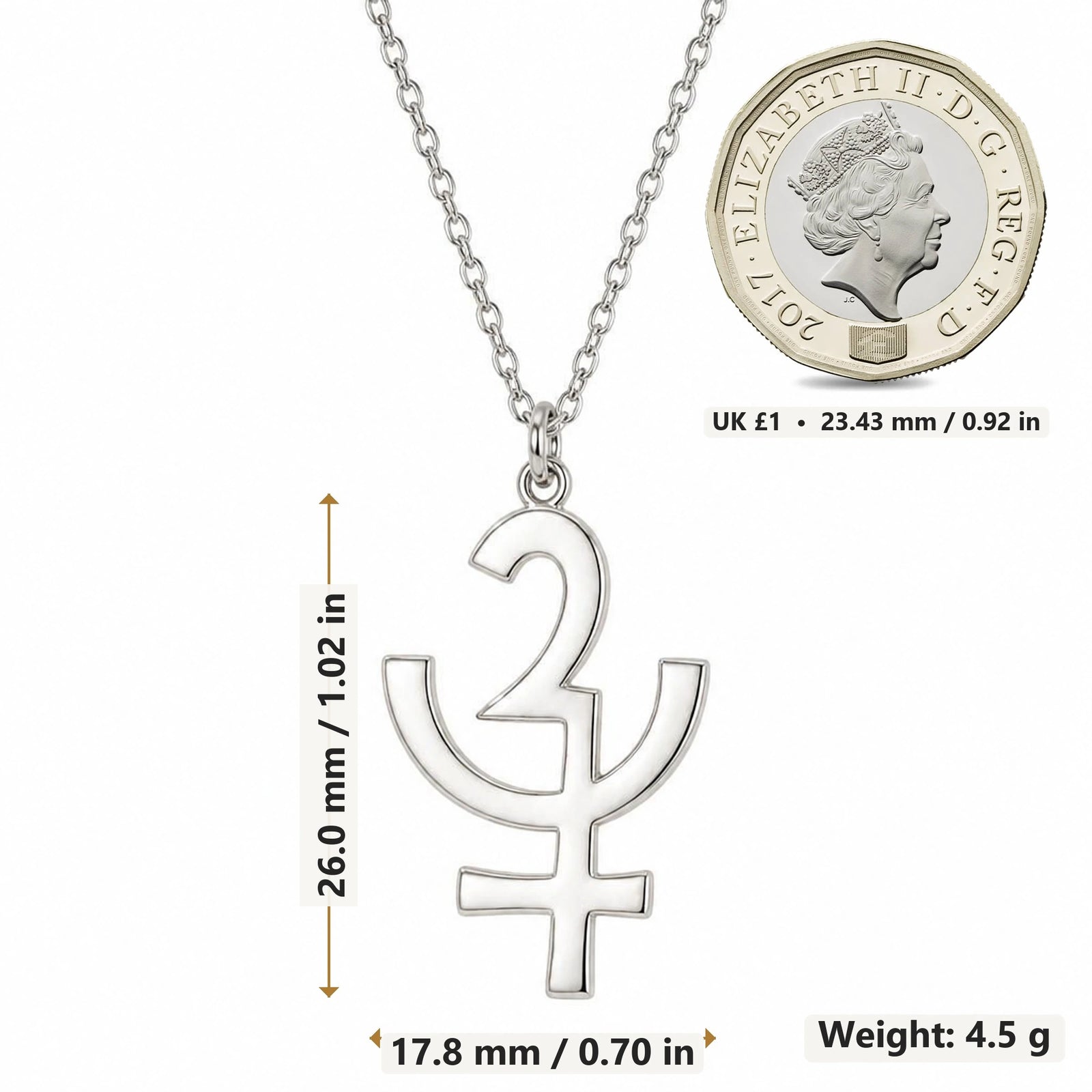 Erinyes Asteroid Symbol pendant necklace size image showing 26.0 mm height, 17.8 mm width and 4.5 g weight