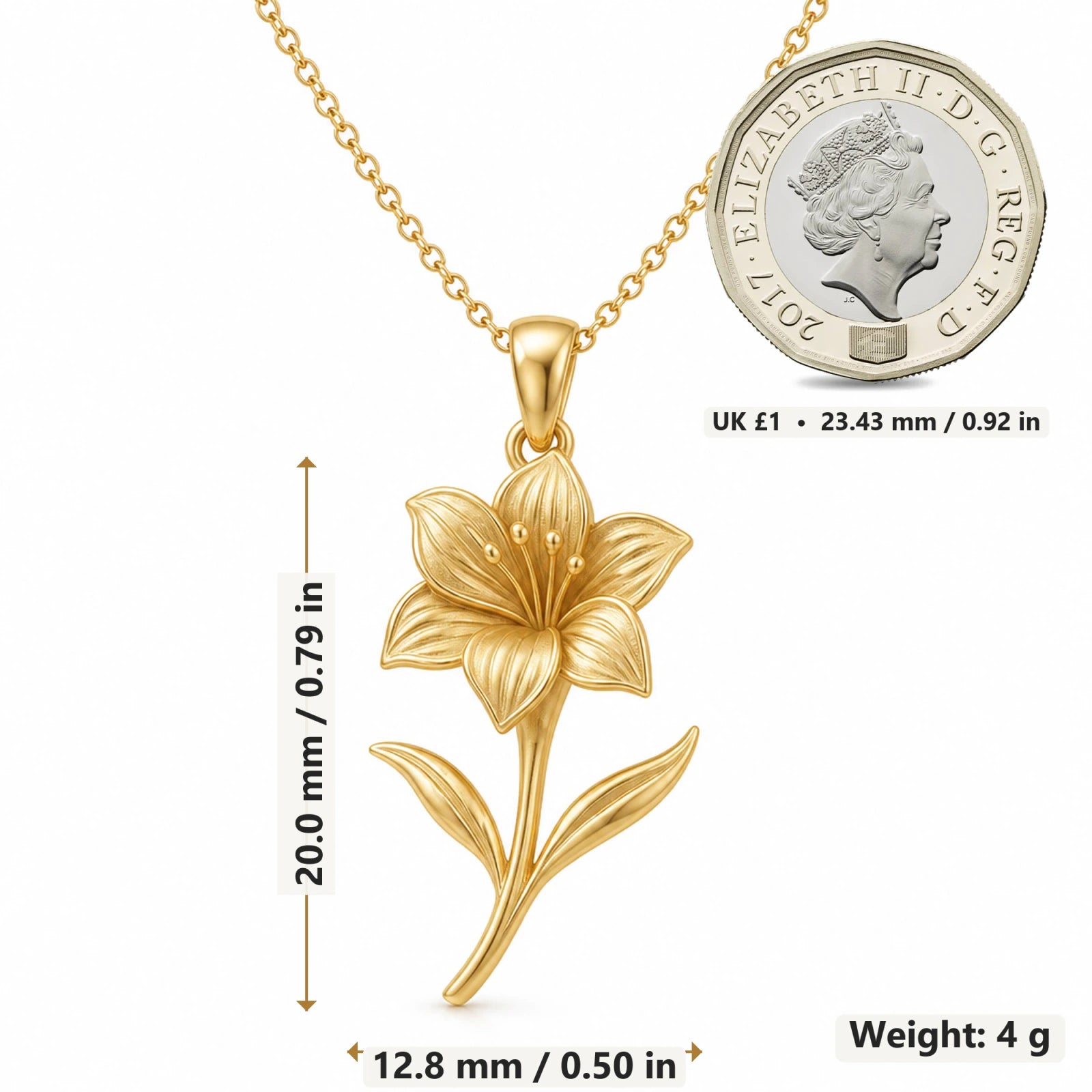 Amaryllis Flower pendant necklace size image showing 20 mm height and 12.8 mm width and 4 g weight