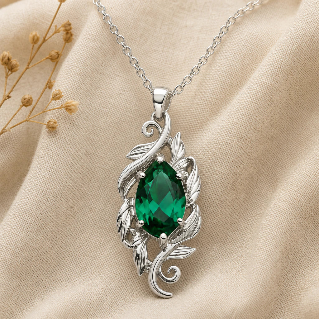 Feathered Leaf Marquise Birthstone Pendant Necklace in sterling silver, second view
