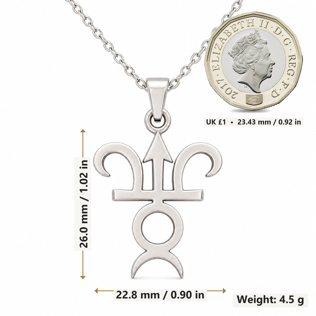 Varuna Asteroid Symbol pendant necklace size image showing 26.0 mm height, 22.8 mm width and 4.5 g weight