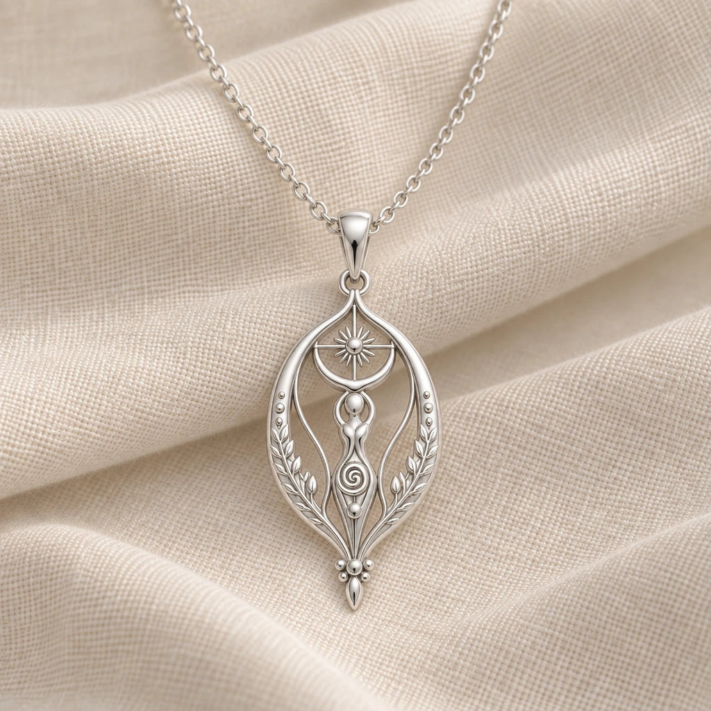 925 sterling silver sacred womb goddess pendant necklace on cream fabric