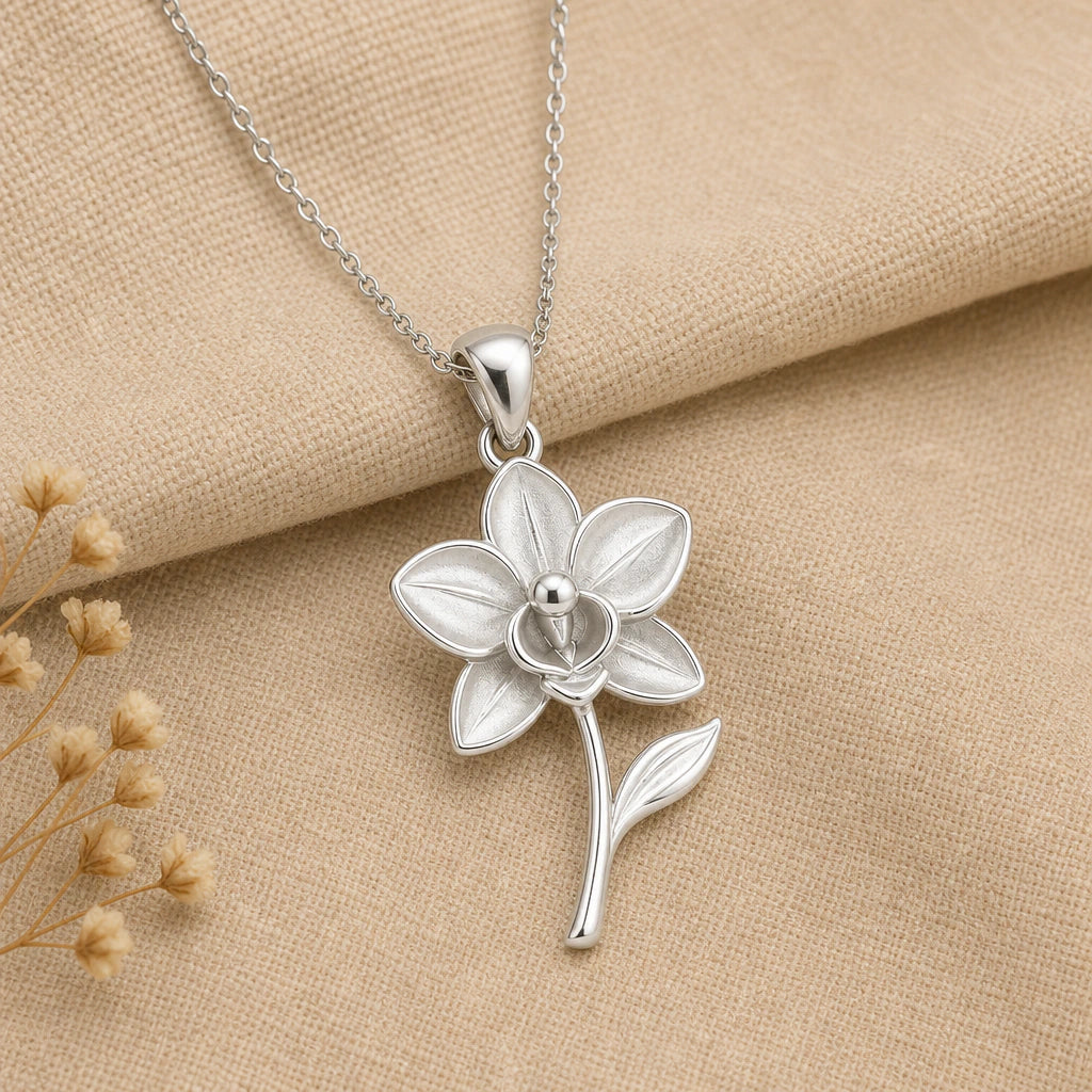 Orchid flower pendant necklace in 925 sterling silver