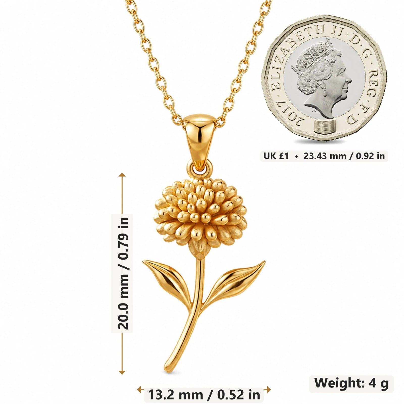 Sedum Flower pendant necklace size image showing 20 mm height and 13.2 mm width and 4 g weight