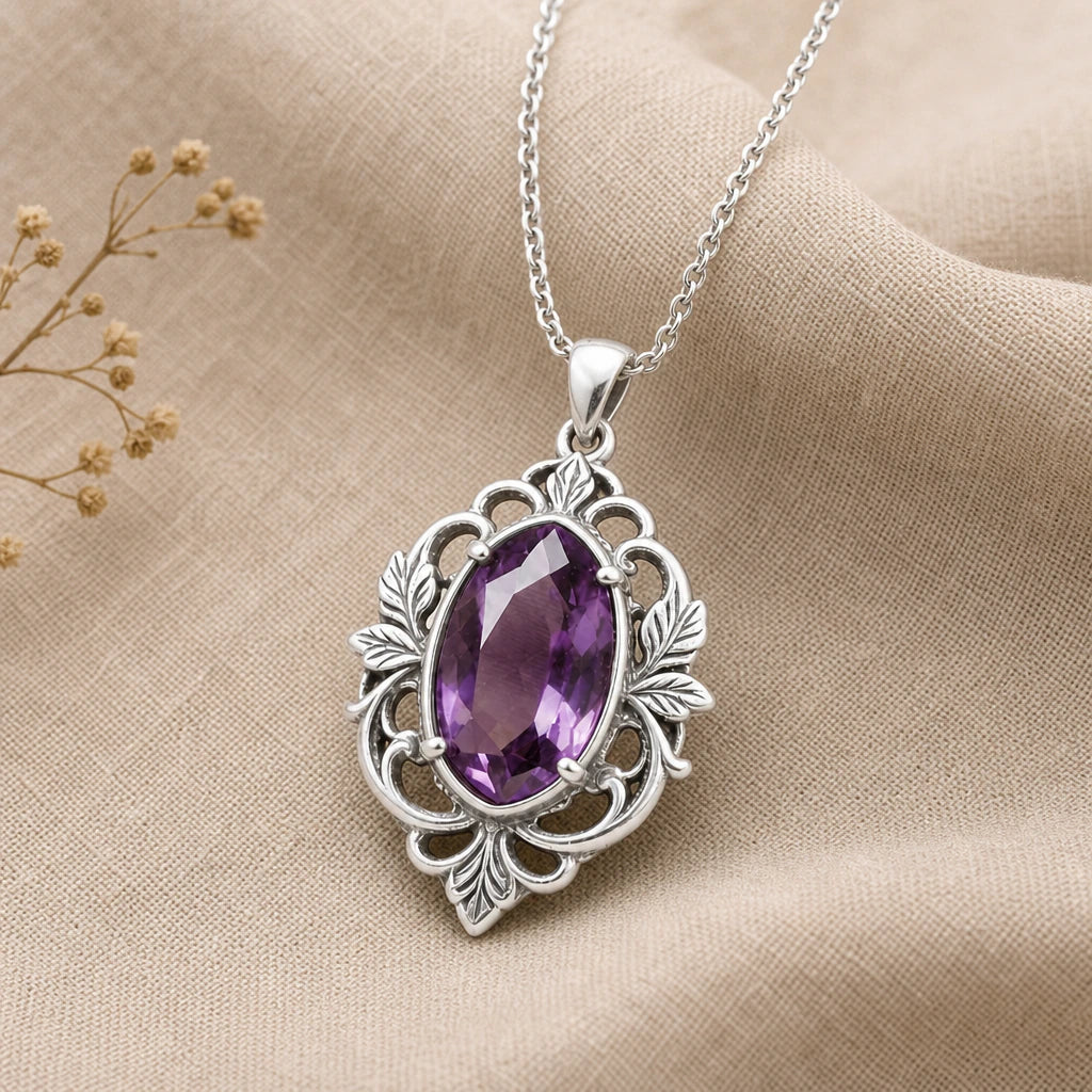 Leafy Oval Birthstone Pendant Necklace in sterling silver