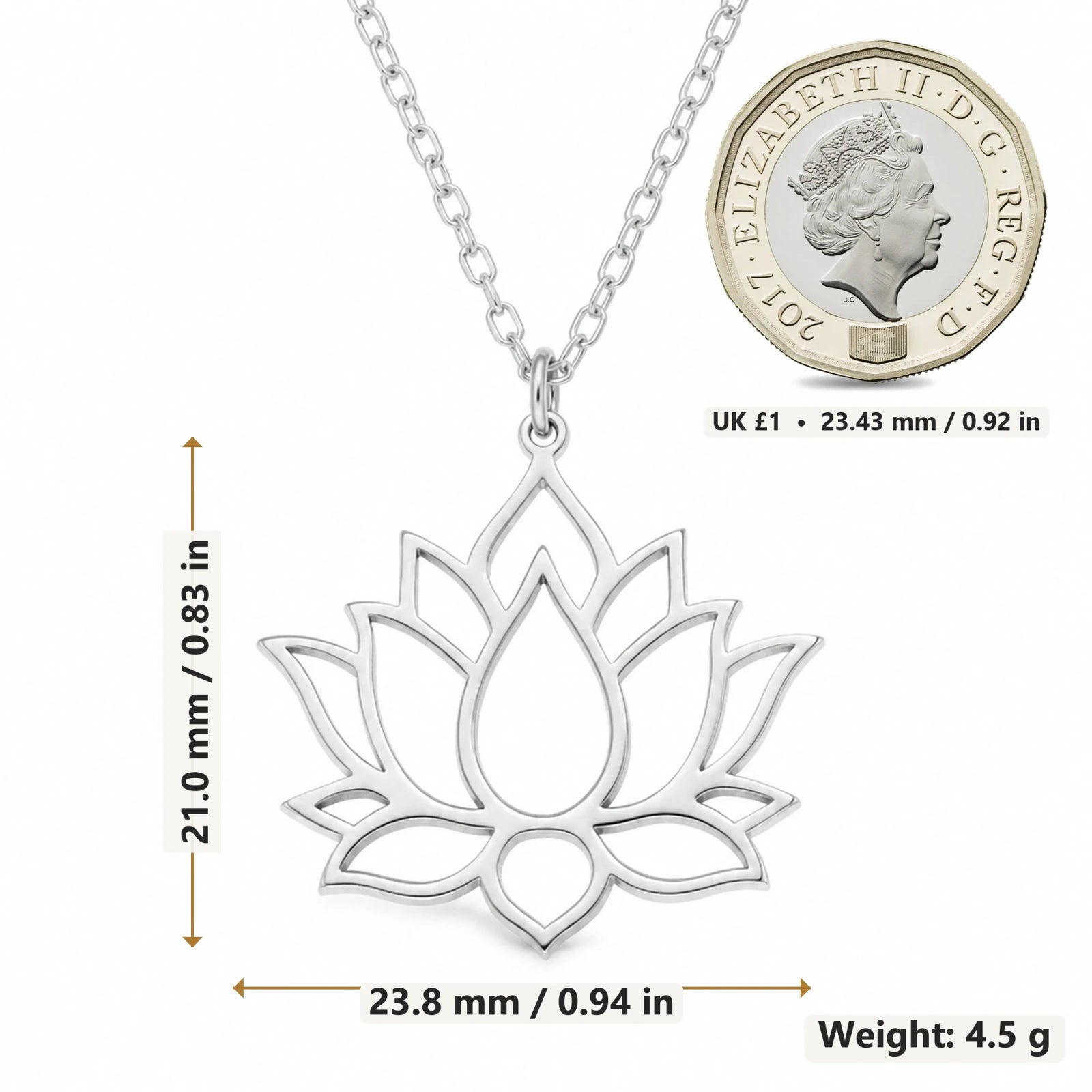 Lotus Flower pendant necklace size image showing 21 mm height and 23.8 mm width and 4.5 g weight