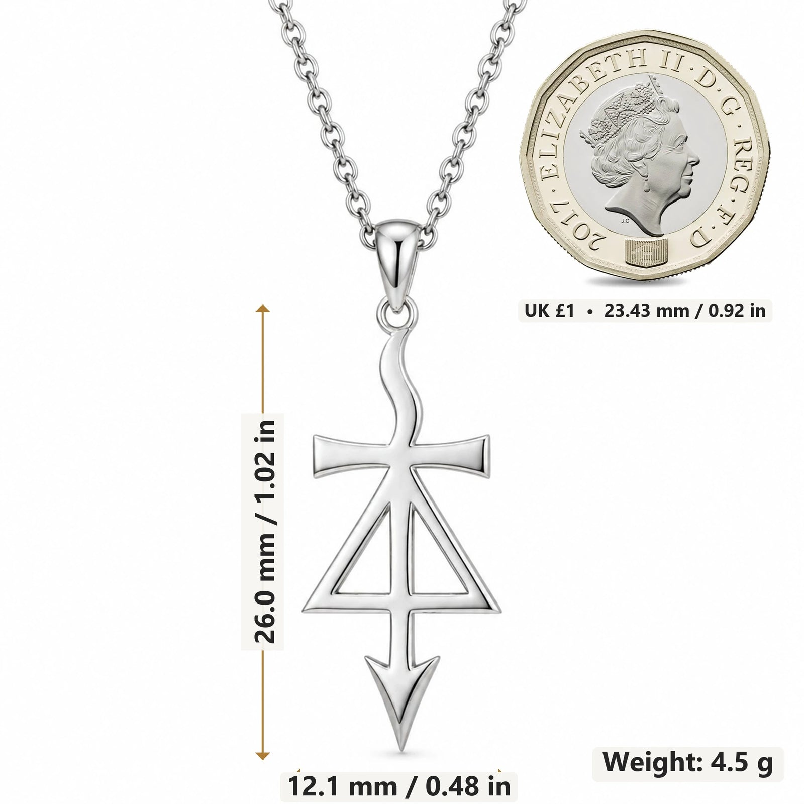 Prometheus Asteroid Symbol pendant necklace size image showing 26.0 mm height, 12.1 mm width and 4.5 g weight