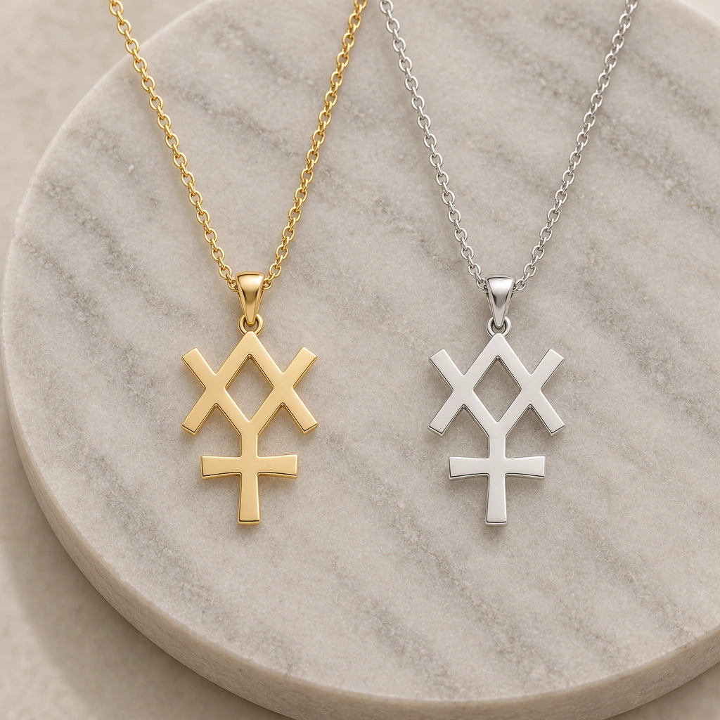 Minerva Asteroid Symbol pendant necklace in silver and gold finishes side by side