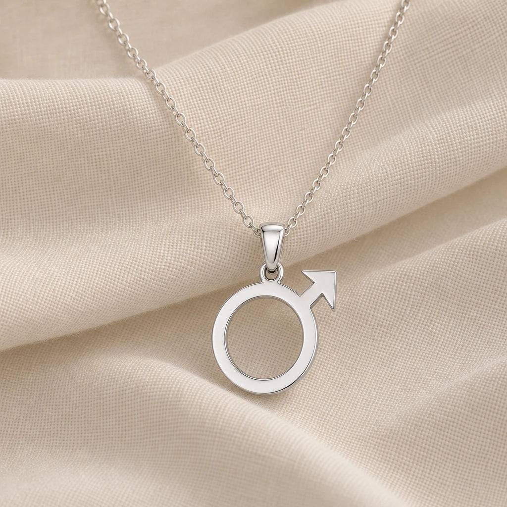 925 sterling silver mars symbol pendant necklace on cream fabric