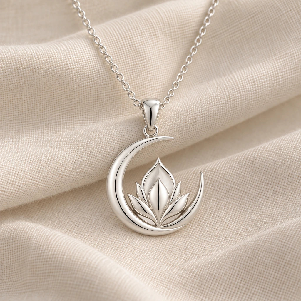 925 sterling silver moon petal lotus crest pendant necklace on cream fabric