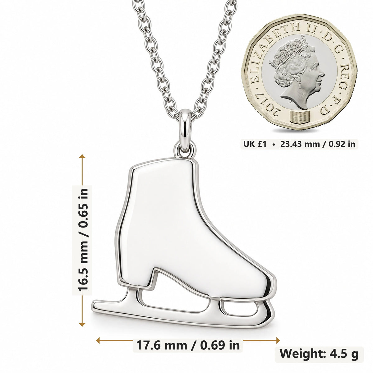 Ice Skate pendant necklace size image showing 16.5 mm height, 17.6 mm width and 4.5 g weight