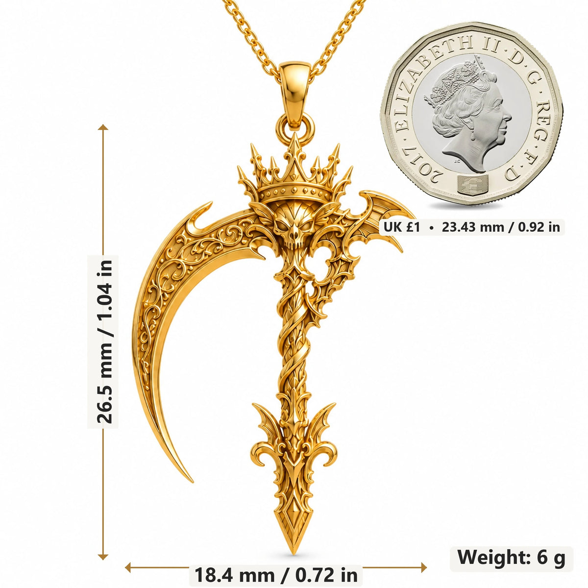 Royal Scythe pendant necklace size image showing 26.5 mm height, 18.4 mm width and 6 g weight
