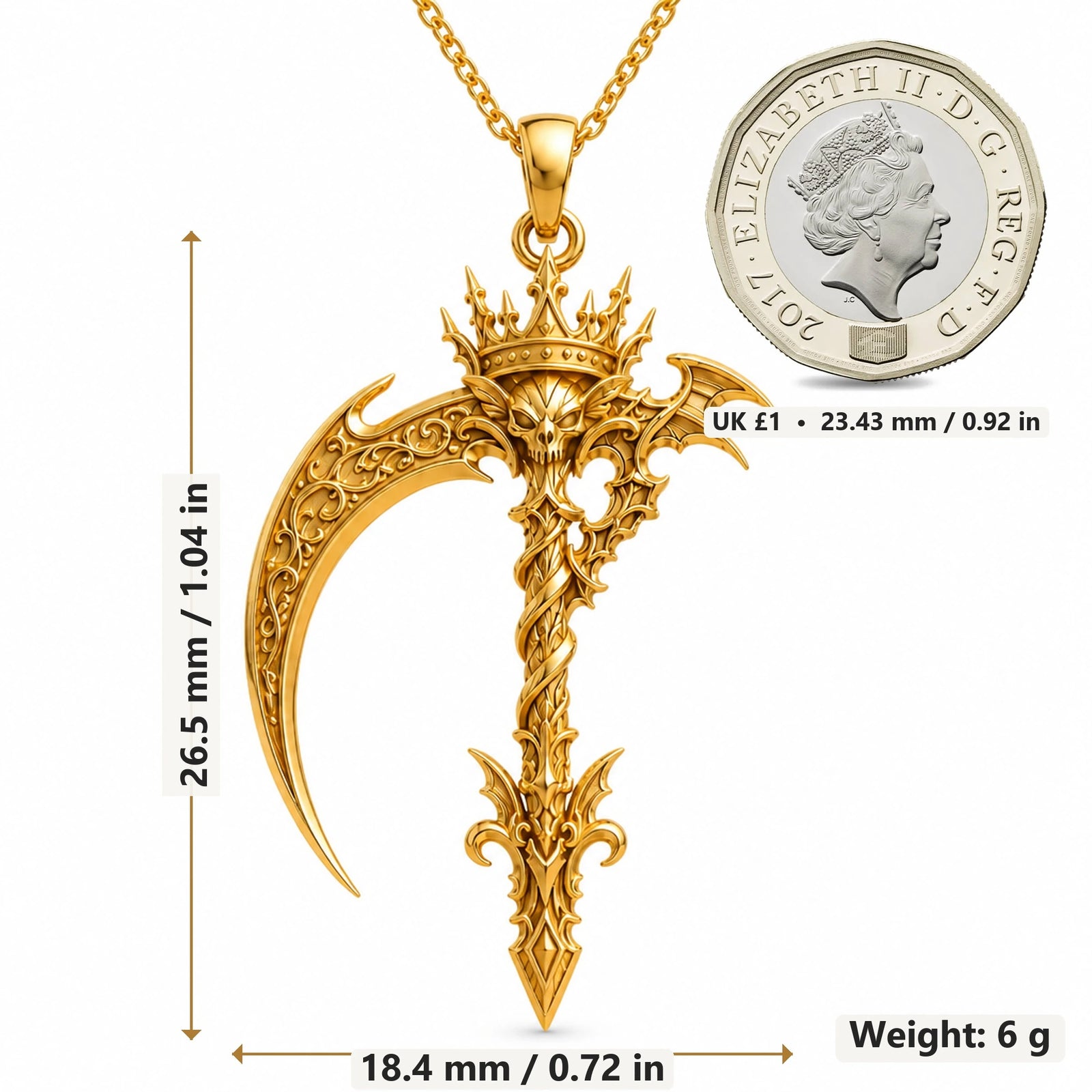 Royal Scythe pendant necklace size image showing 26.5 mm height, 18.4 mm width and 6 g weight