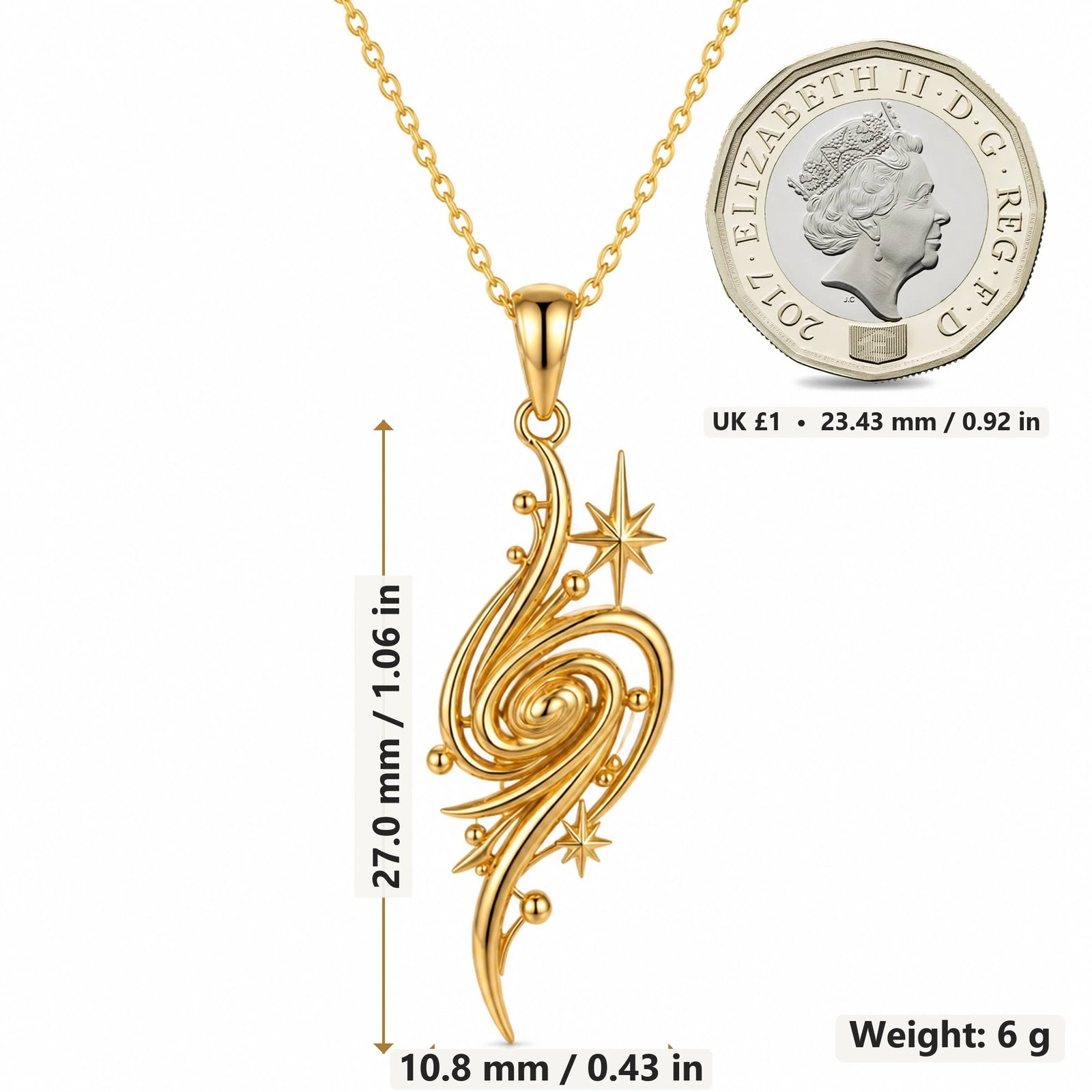 Golden Nebula pendant necklace size image showing 27.0 mm height, 10.8 mm width and 6 g weight