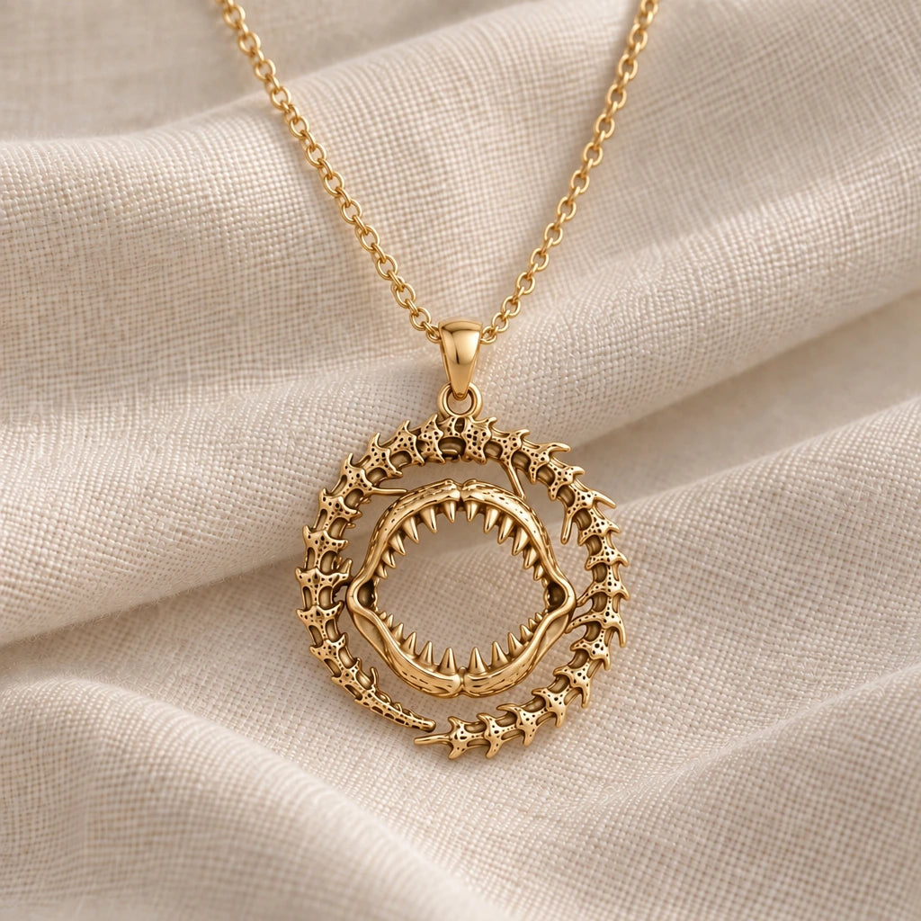 Ancient Shark Jaw pendant necklace in an 18k gold plated finish