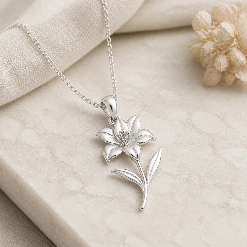 Close-up of silver amaryllis bloom flower pendant showing the sculpted detail
