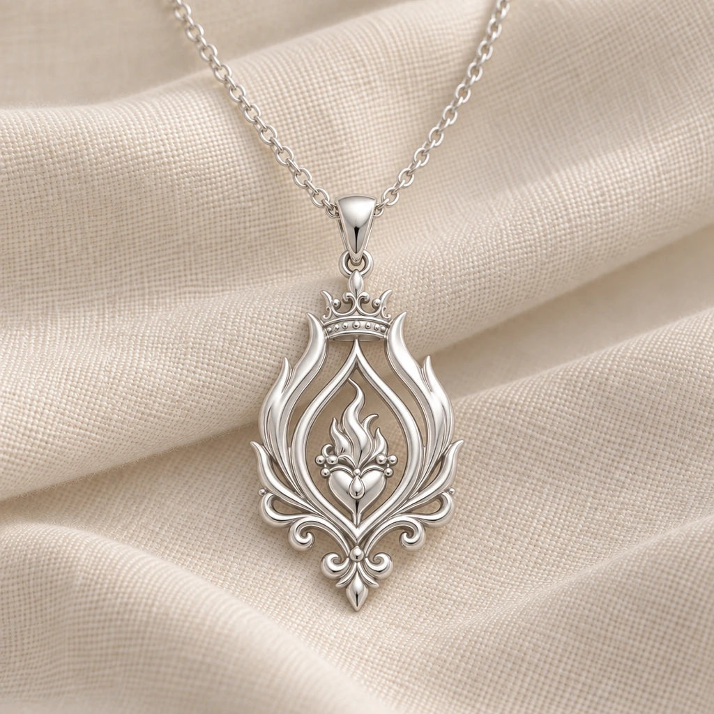925 sterling silver regal flame sacred heart pendant necklace on cream fabric