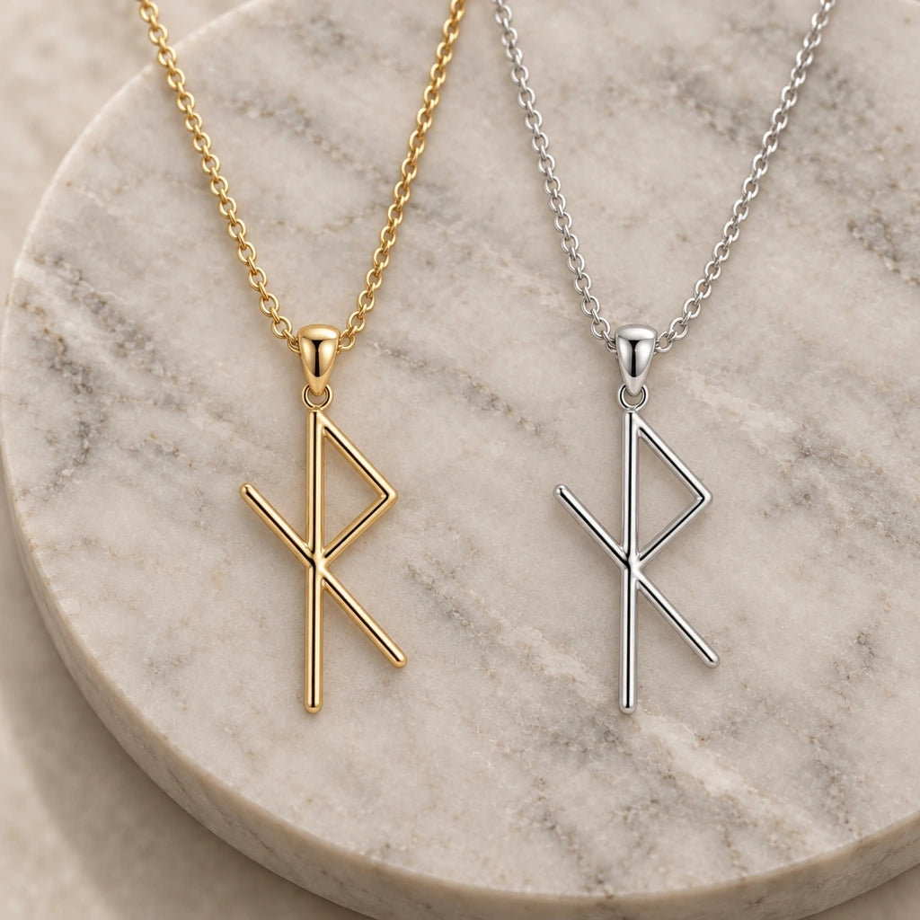 Safe Travel Bind Rune pendant necklace in silver and gold finishes side by side