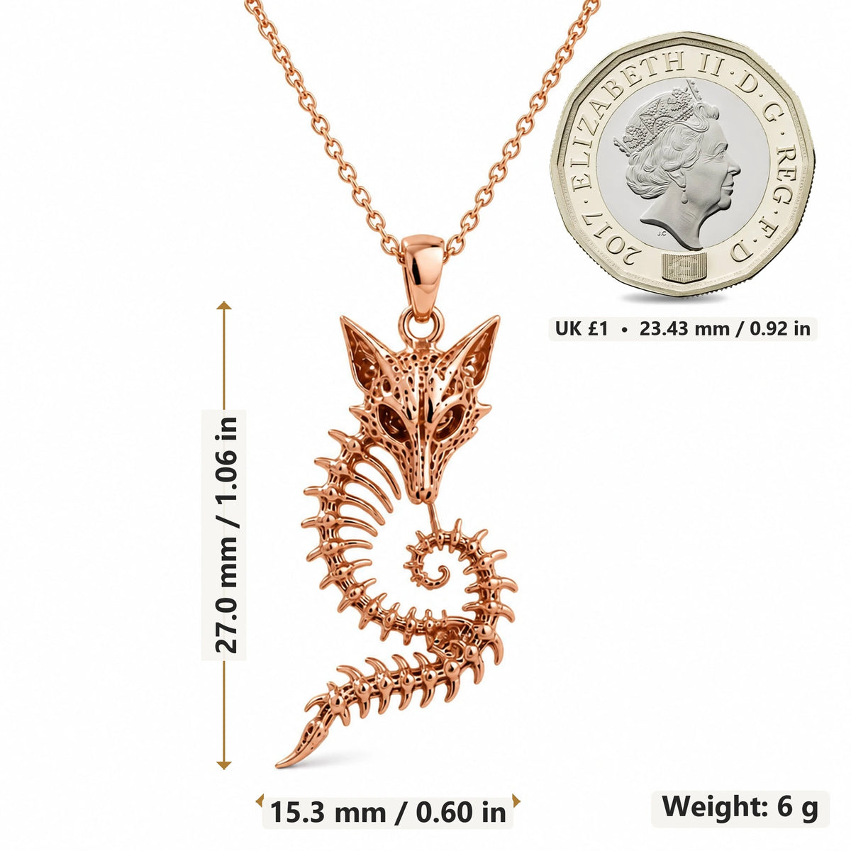 Sacred Fox Skeleton Crest pendant necklace size image showing 27.0 mm height, 15.3 mm width and 6 g weight
