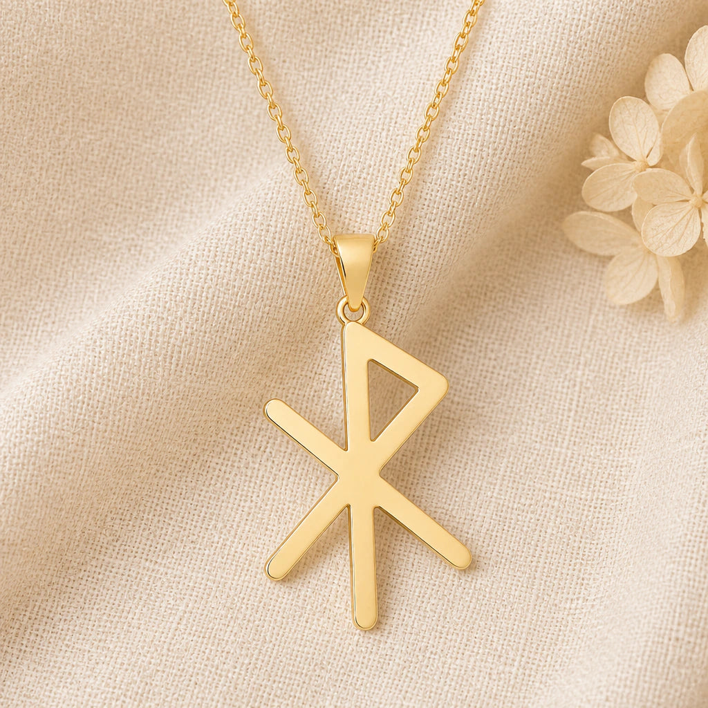 Viking Rune of Love pendant necklace in a warm gold finish on cream fabric