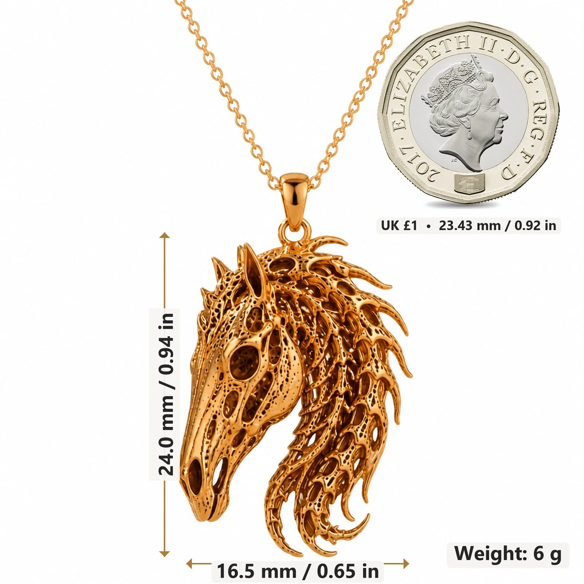 Sacred Horse Skull Relic pendant necklace size image showing 24.0 mm height, 16.5 mm width and 6 g weight