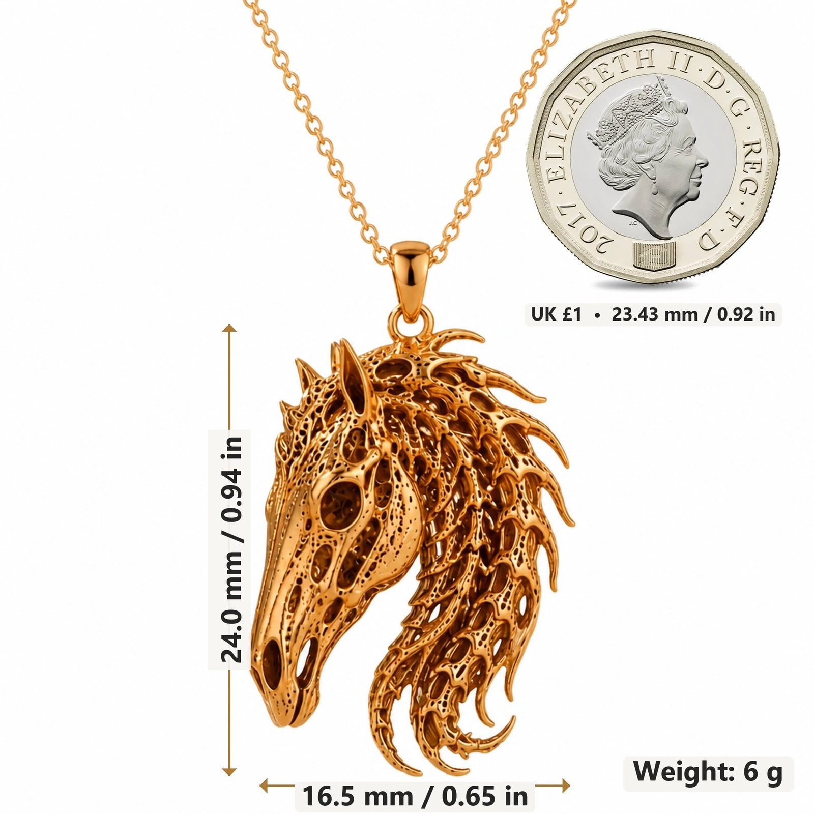 Sacred Horse Skull Relic pendant necklace size image showing 24.0 mm height, 16.5 mm width and 6 g weight
