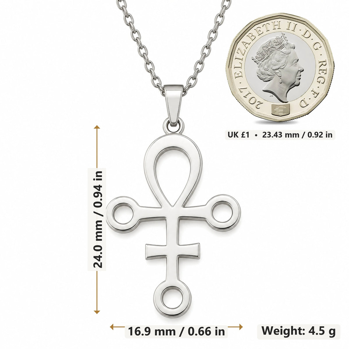 Anubis Loop Symbol pendant necklace size image showing 24.0 mm height, 16.9 mm width and 4.5 g weight