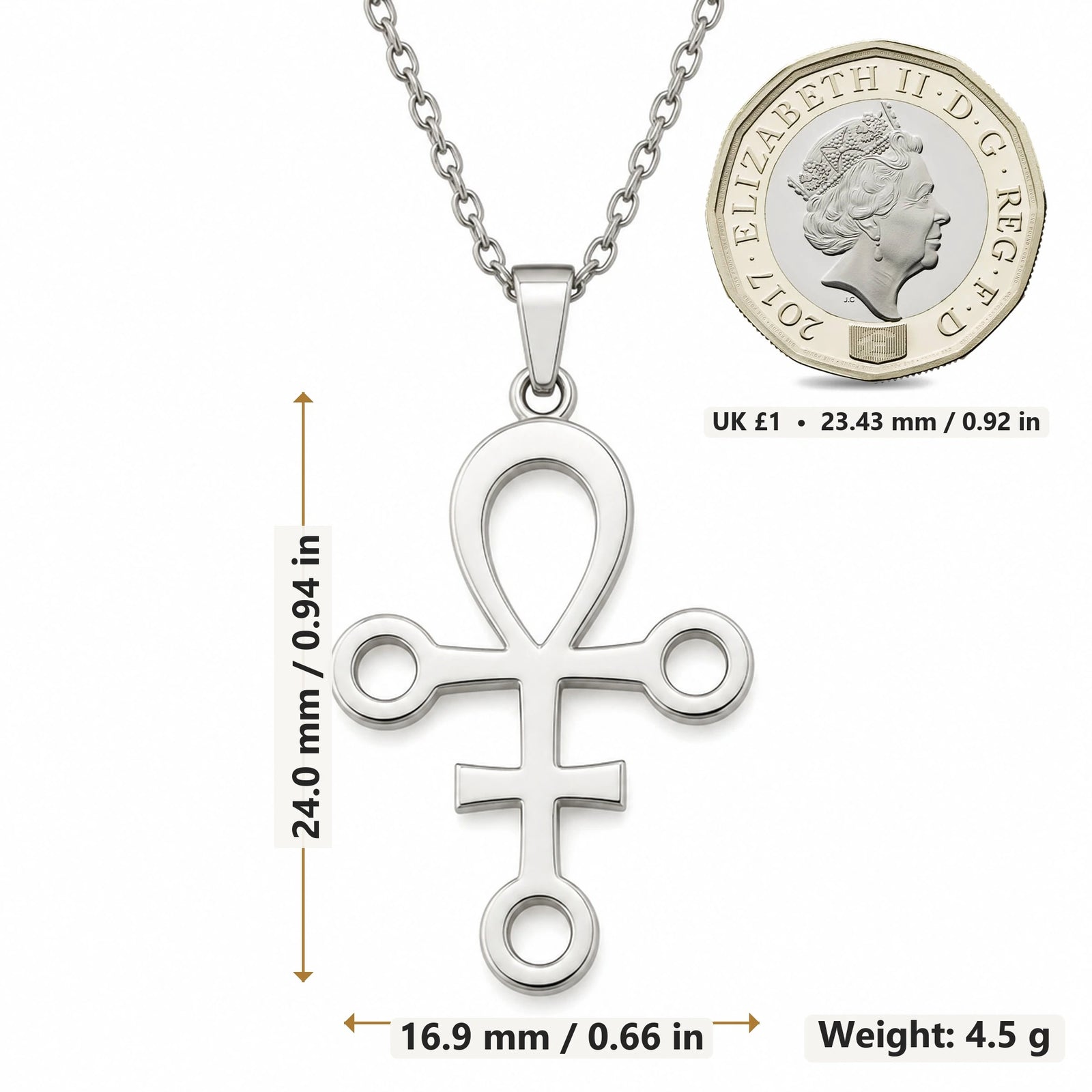 Anubis Loop Symbol pendant necklace size image showing 24.0 mm height, 16.9 mm width and 4.5 g weight