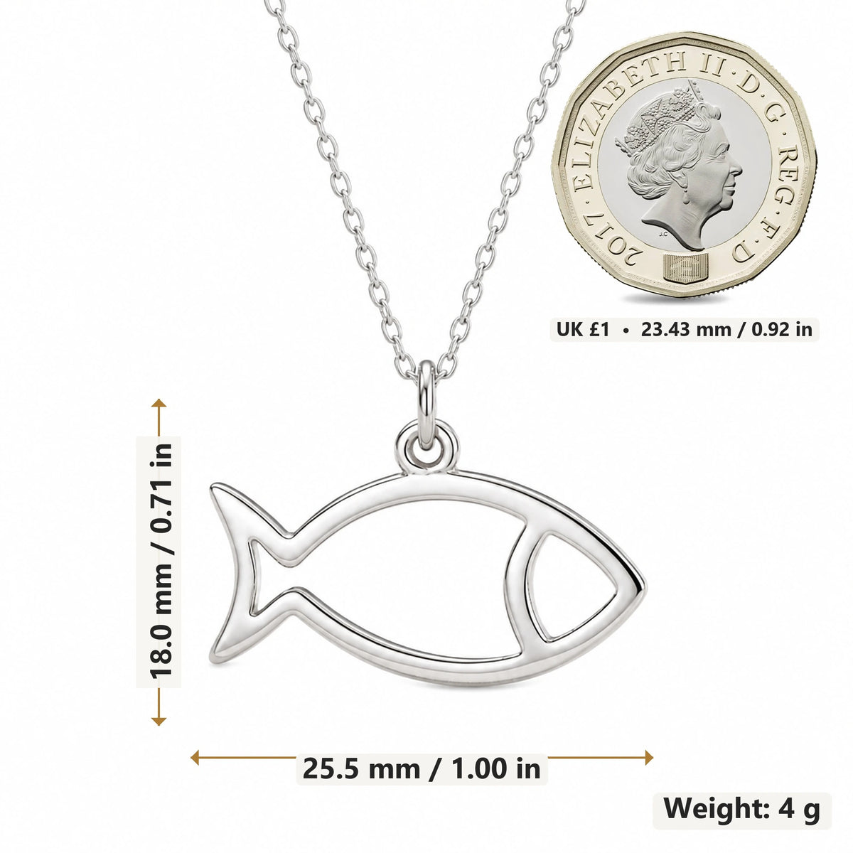 Fish Outline pendant necklace size image showing 18.0 mm height, 25.5 mm width and 4 g weight