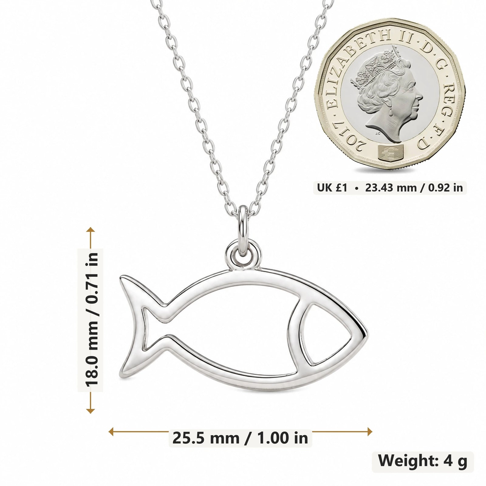 Fish Outline pendant necklace size image showing 18.0 mm height, 25.5 mm width and 4 g weight
