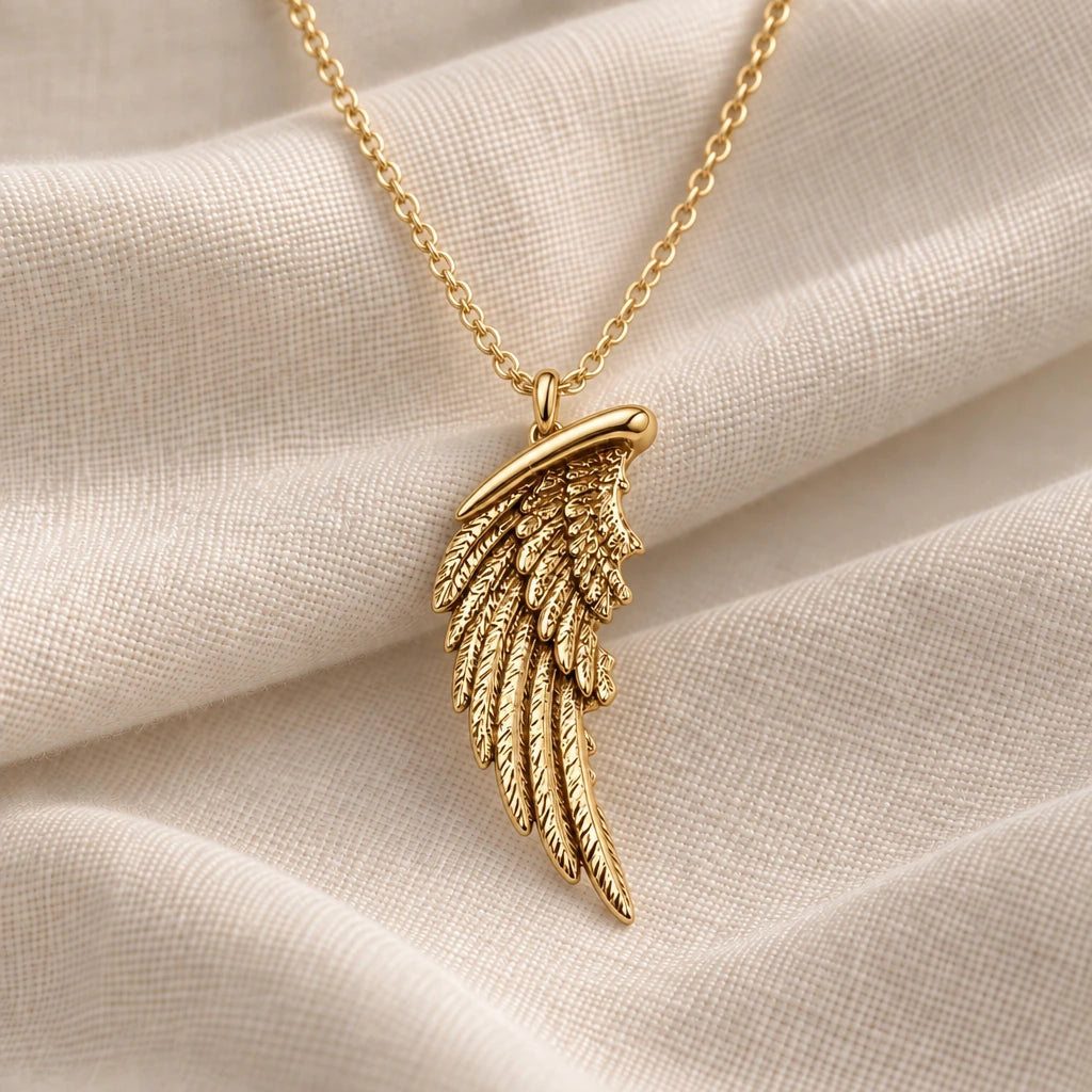 Feathered Wing pendant necklace in an 18k gold plated finish