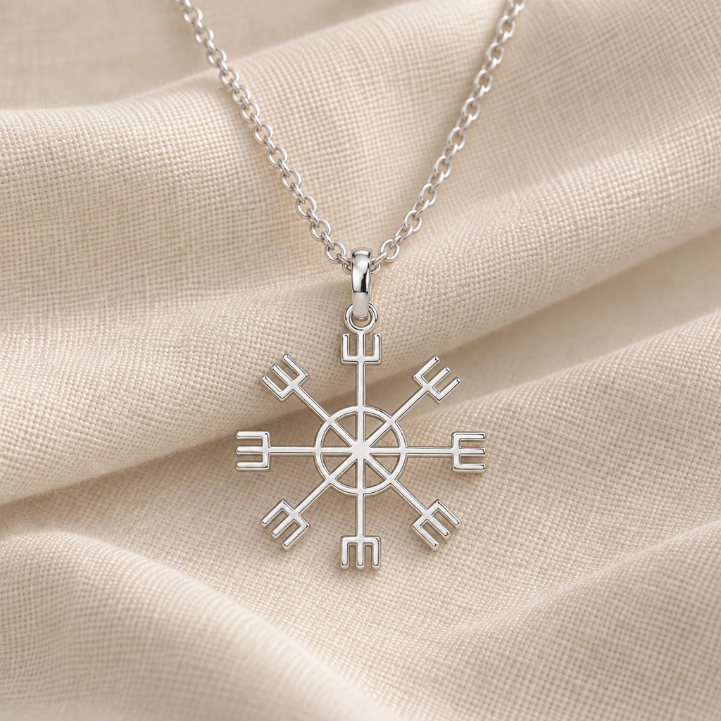 925 sterling silver vegvisir sun compass pendant necklace on cream fabric