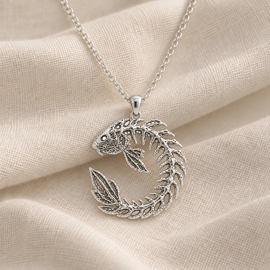 925 sterling silver sacred koi relic pendant necklace on cream fabric
