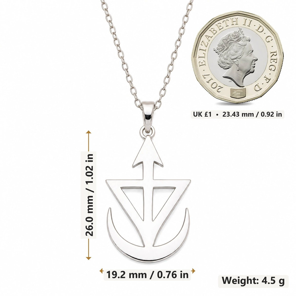 Jason Asteroid Symbol pendant necklace size image showing 26.0 mm height, 19.2 mm width and 4.5 g weight