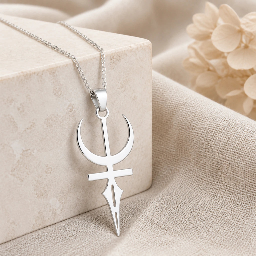 925 sterling silver feminine energy symbol pendant necklace on softly folded cream linen