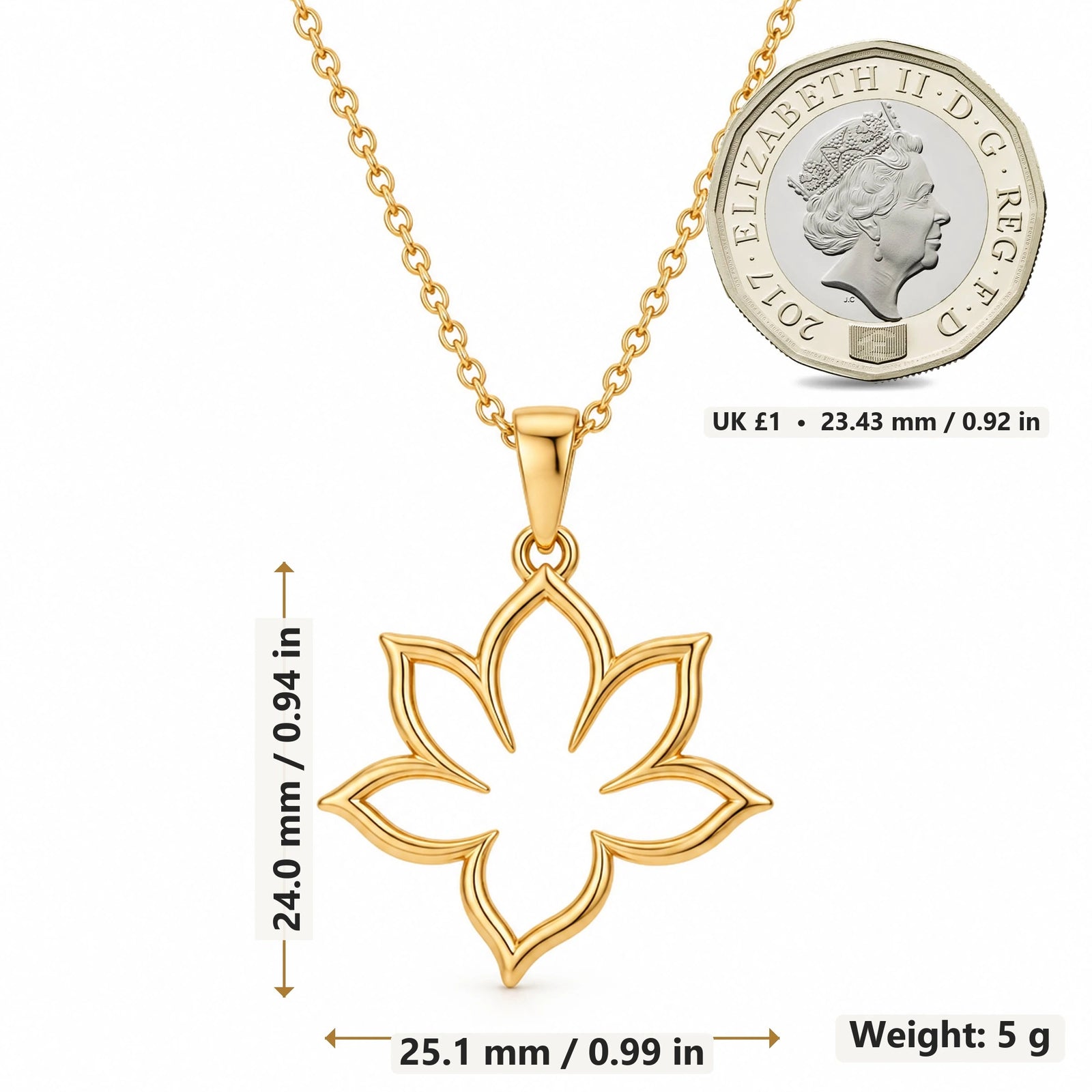 Silent Bloom Lotus Outline pendant necklace size image showing 24.0 mm height, 25.1 mm width and 5 g weight