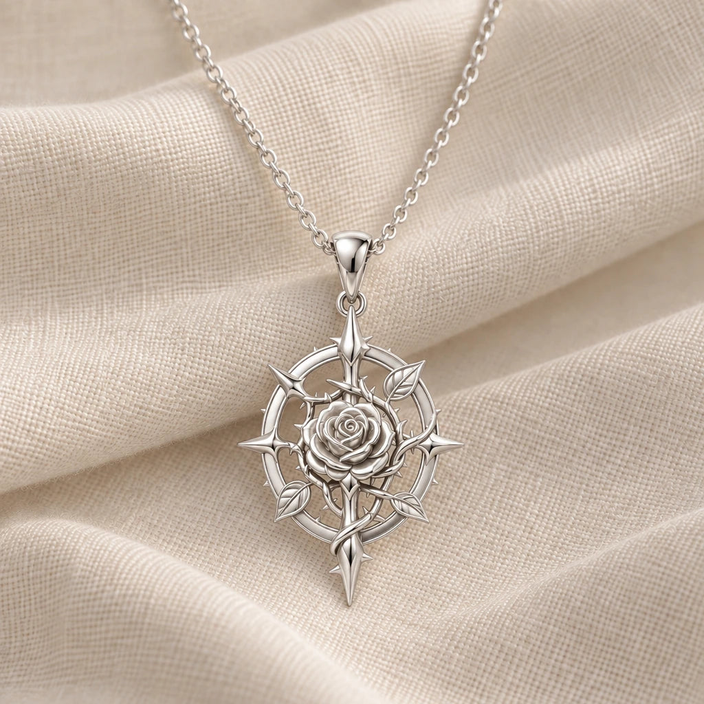 925 sterling silver rose thorn compass pendant necklace on cream fabric