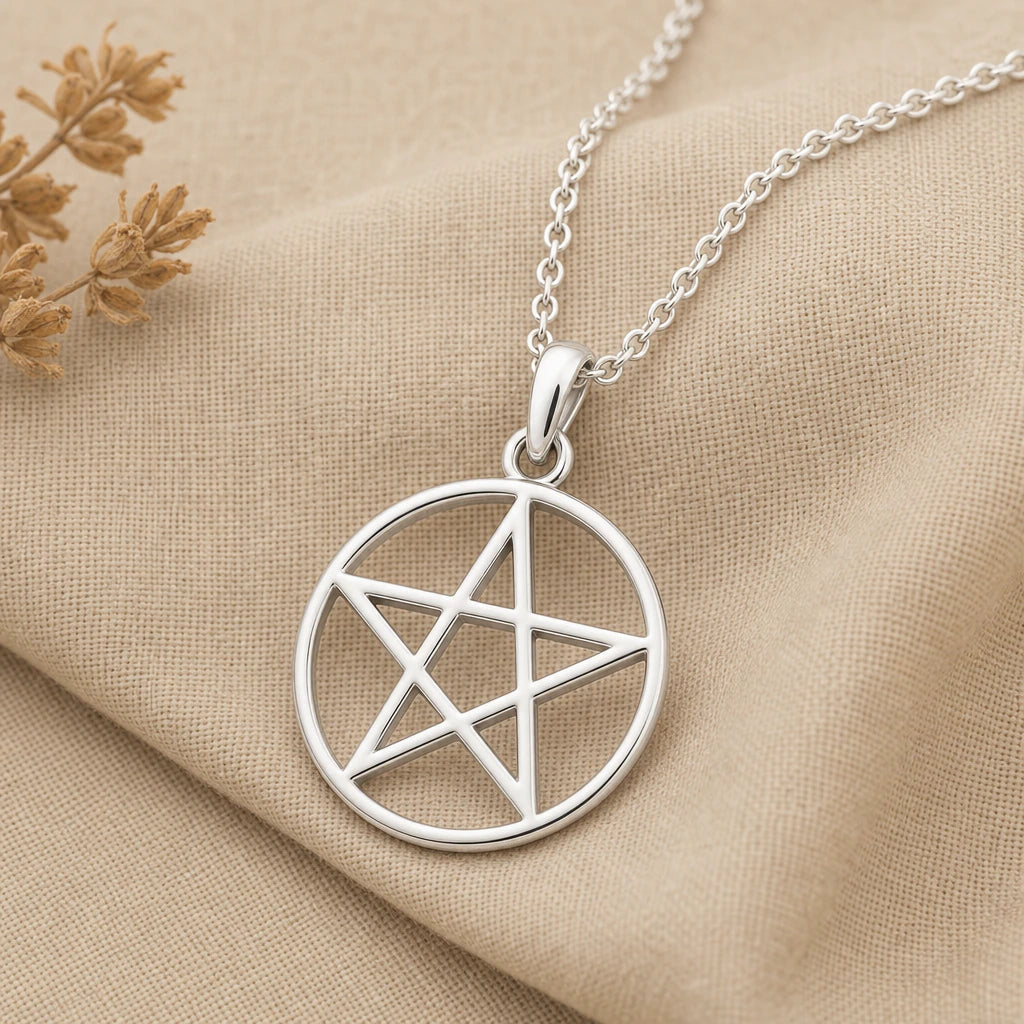 Pentagram Circle Pendant Necklace in sterling silver, second view