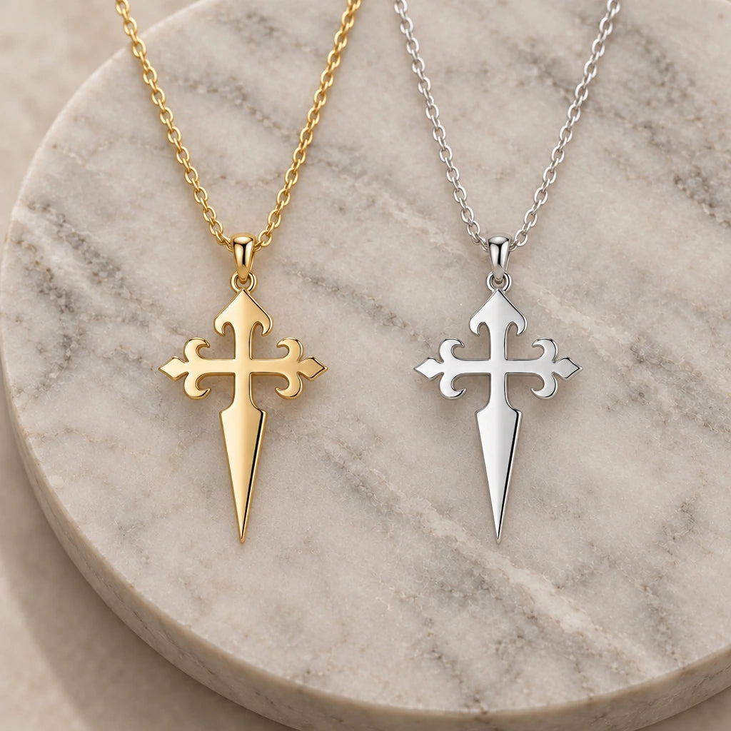 Gothic Cross Dagger pendant necklace in silver and gold finishes side by side