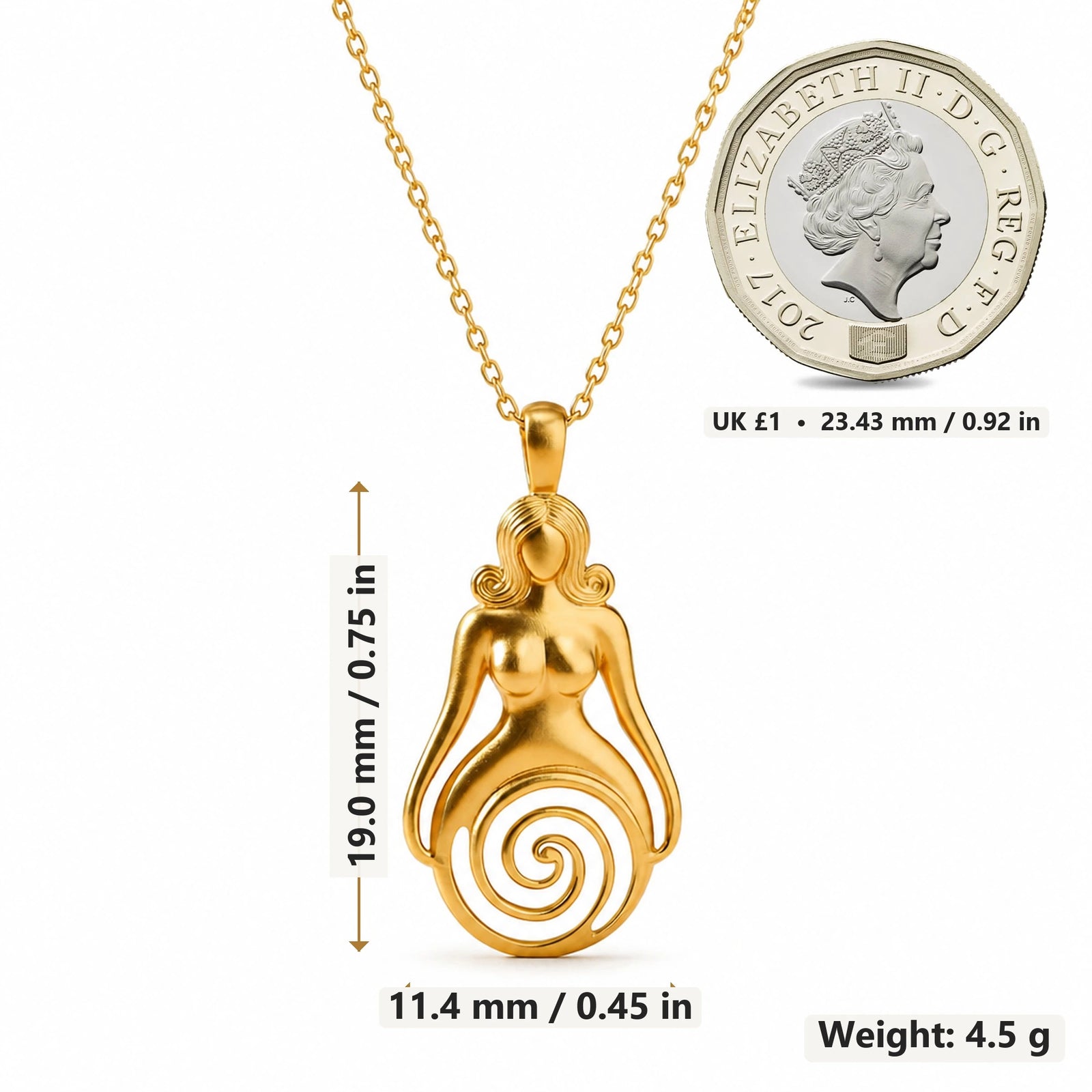 Spiral Goddess pendant necklace size image showing 19.0 mm height, 11.4 mm width and 4.5 g weight