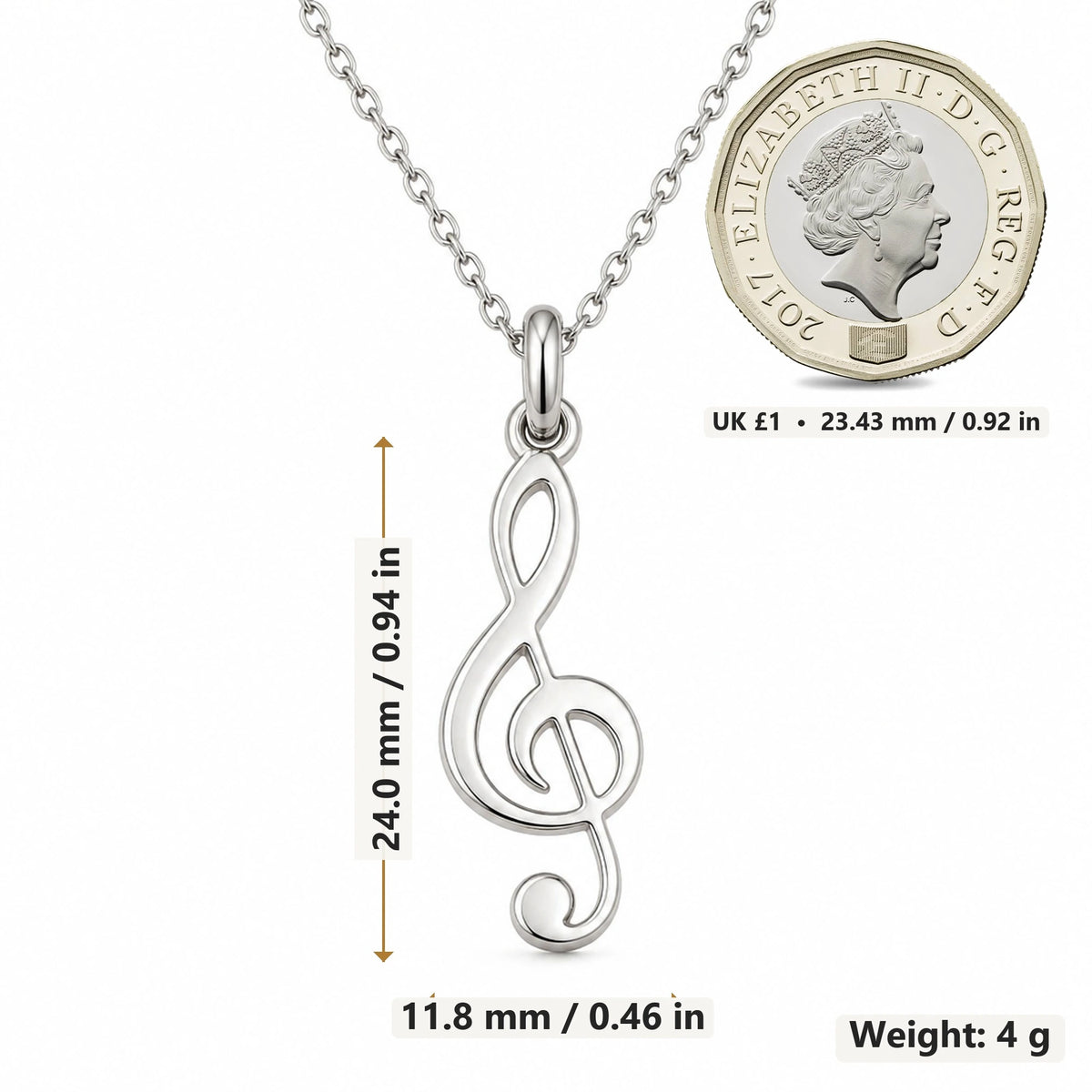Treble Clef pendant necklace size image showing 24.0 mm height, 11.8 mm width and 4 g weight