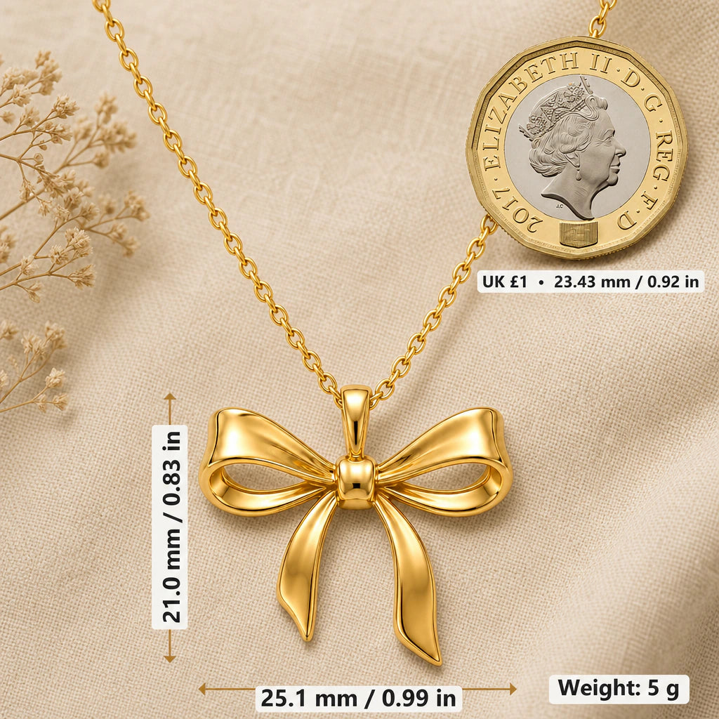 Elegant Ribbon Bow Pendant Necklace size guide, 21 by 25.1 mm