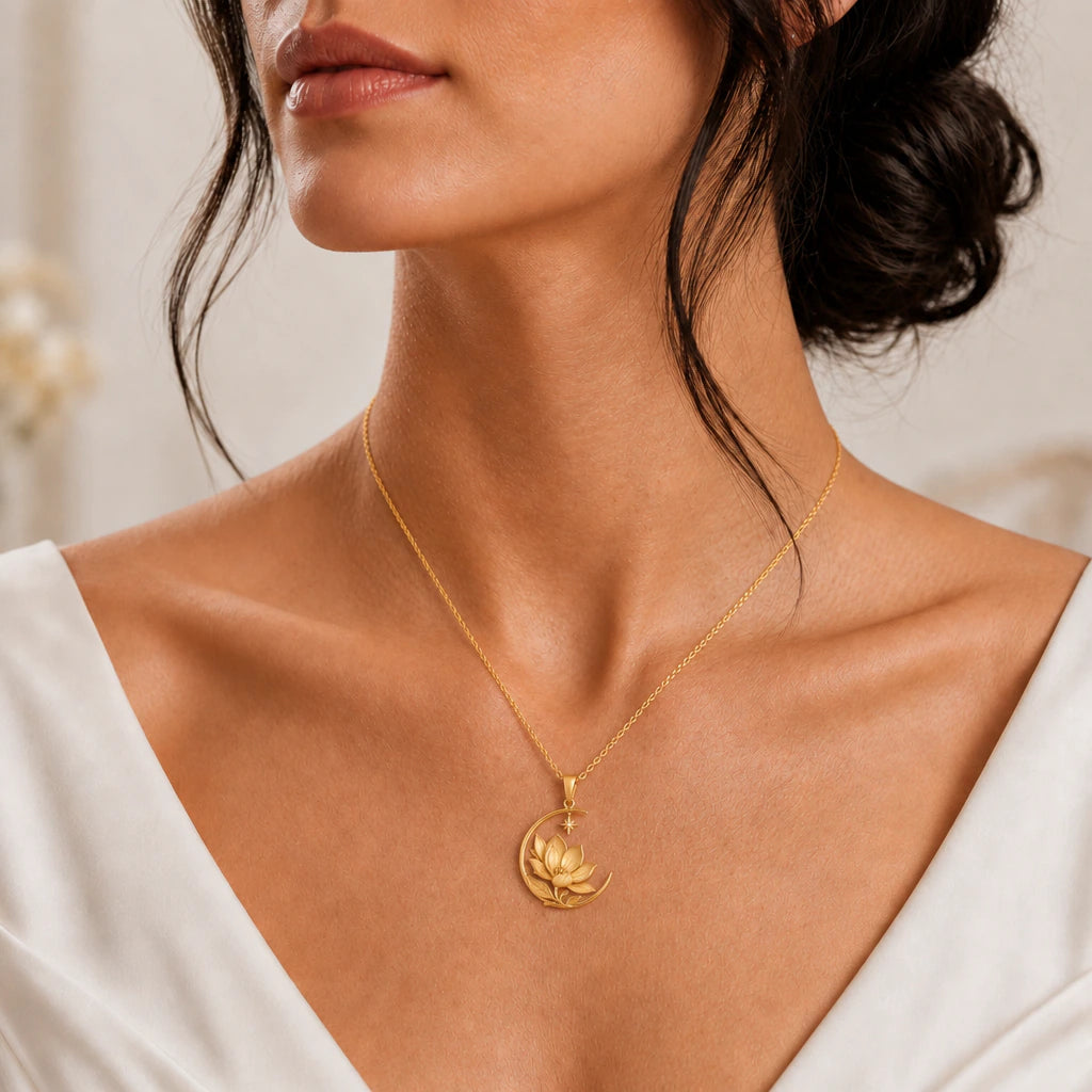 Royal Magnolia Crescent Moon Pendant Necklace worn, second view