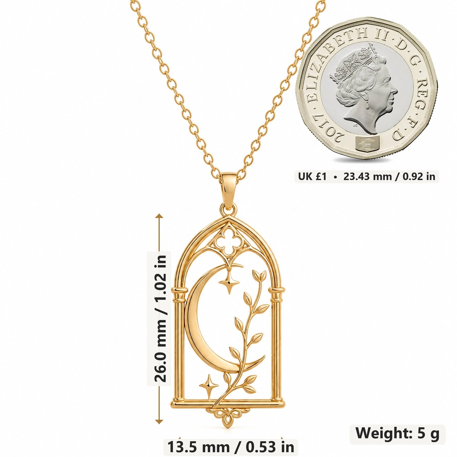 Cathedral Moon Window pendant necklace size image showing 26.0 mm height, 13.5 mm width and 5 g weight