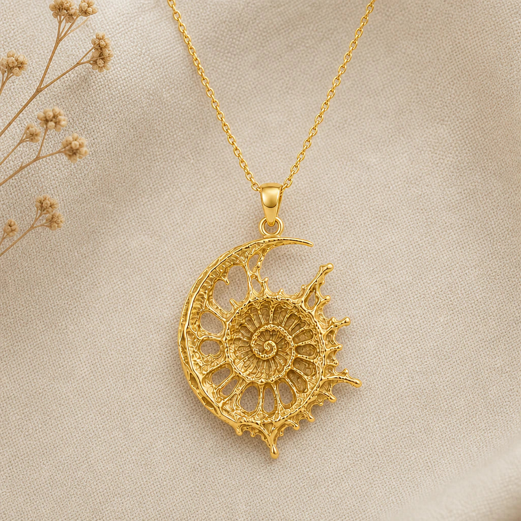 Celestial Ammonite Fossil Pendant Necklace in 18k gold plated sterling silver
